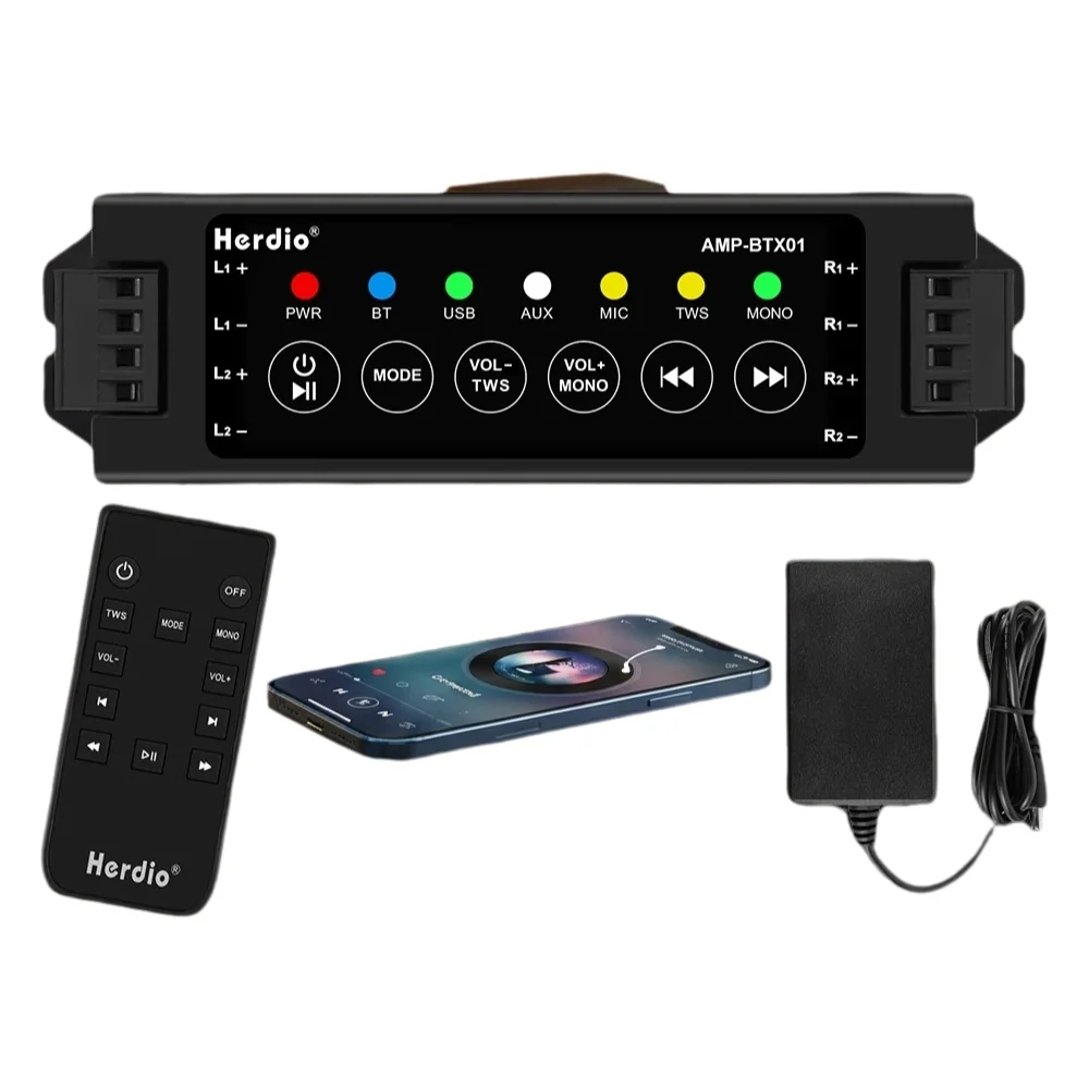 Home Cinema Receiver - Herdio 4-kanaals Bluetooth audioversterker met afstandsbediening